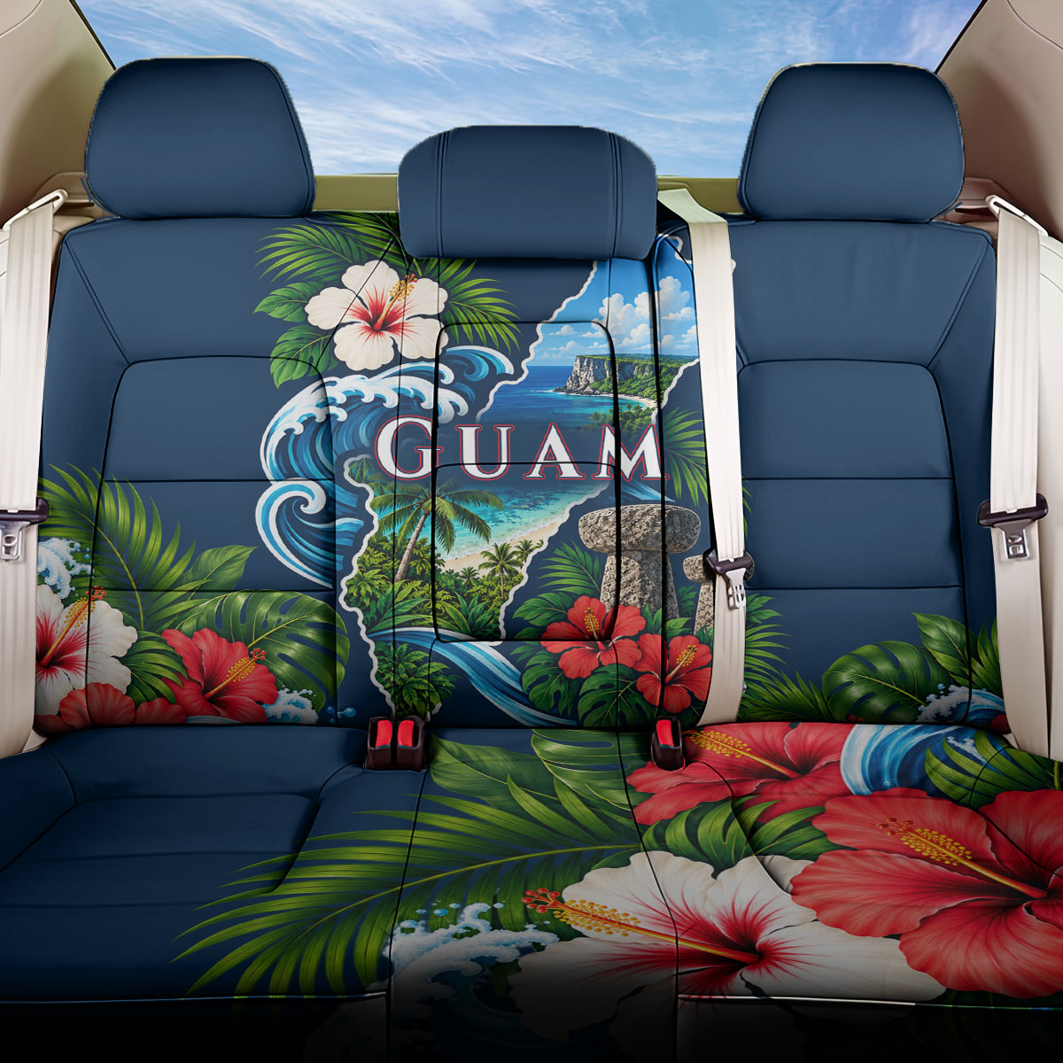 Guam Map Latte Stone Back Car Seat Cover Hibiscus Floral Coastal Landscape TS04 One Size Blue Red - Polynesian Pride