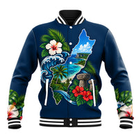 Guam Map Latte Stone Baseball Jacket Hibiscus Floral Coastal Landscape TS04 Unisex Blue Red - Polynesian Pride