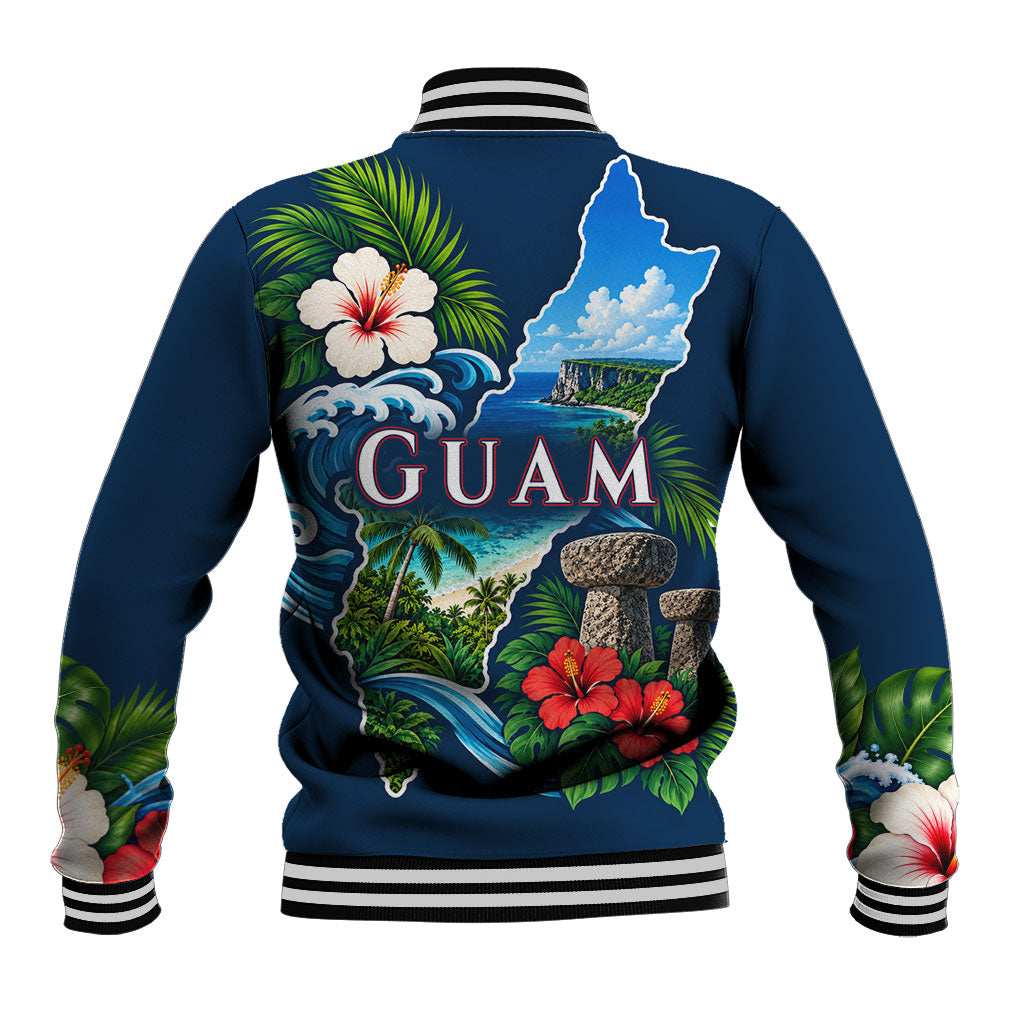 Guam Map Latte Stone Baseball Jacket Hibiscus Floral Coastal Landscape TS04 - Polynesian Pride