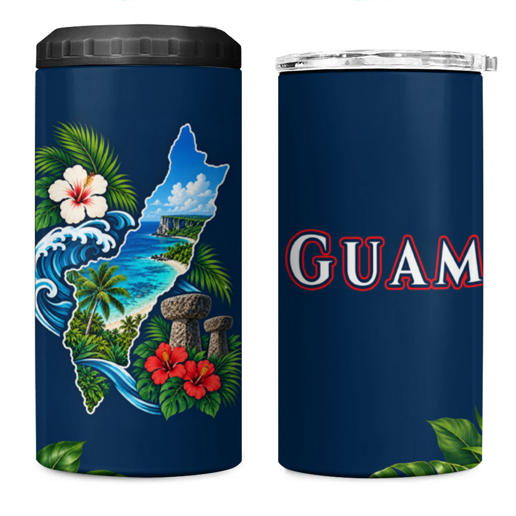 Guam Map Latte Stone 4 in 1 Can Cooler Tumbler Hibiscus Floral Coastal Landscape TS04 One Size: 16 oz Blue Red - Polynesian Pride