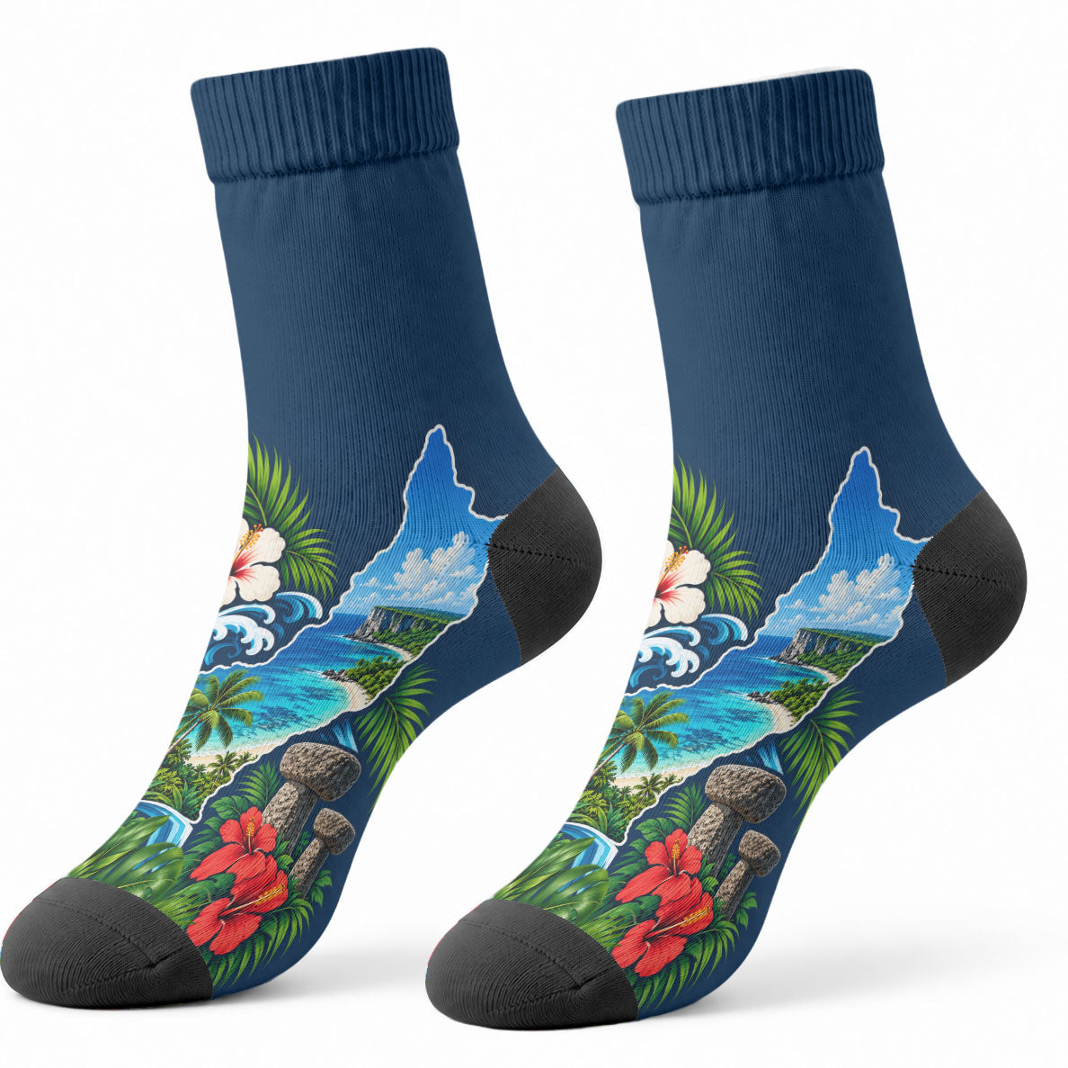 Guam Map Latte Stone Crew Socks Hibiscus Floral Coastal Landscape TS04 - Polynesian Pride