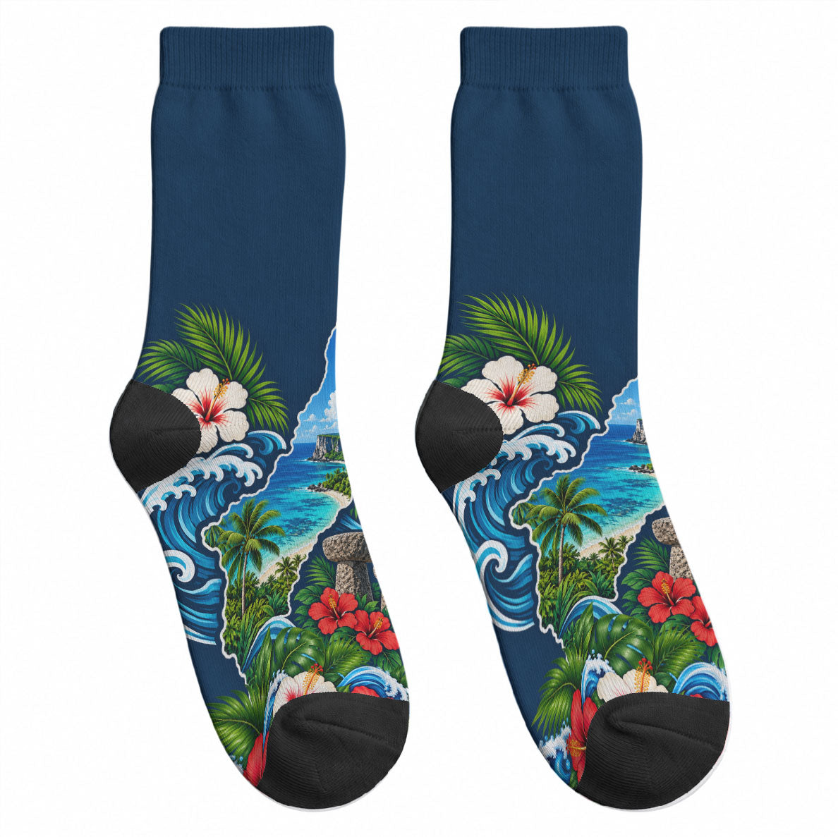 Guam Map Latte Stone Crew Socks Hibiscus Floral Coastal Landscape TS04 - Polynesian Pride