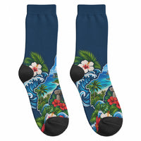 Guam Map Latte Stone Crew Socks Hibiscus Floral Coastal Landscape TS04 - Polynesian Pride