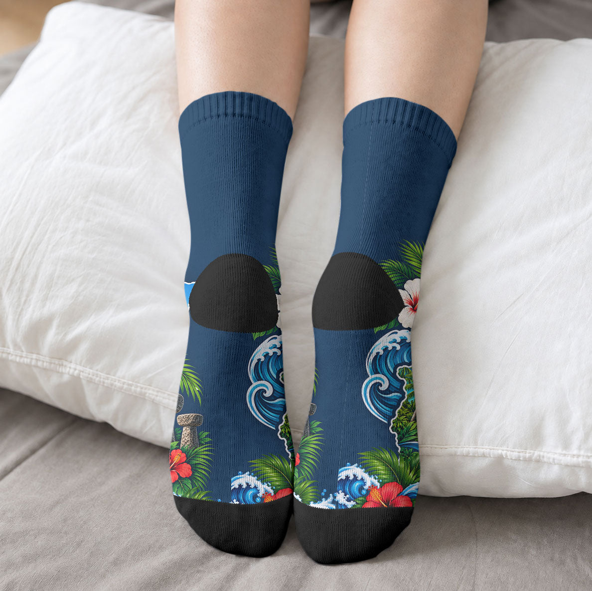 Guam Map Latte Stone Crew Socks Hibiscus Floral Coastal Landscape TS04 - Polynesian Pride