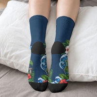Guam Map Latte Stone Crew Socks Hibiscus Floral Coastal Landscape TS04 - Polynesian Pride