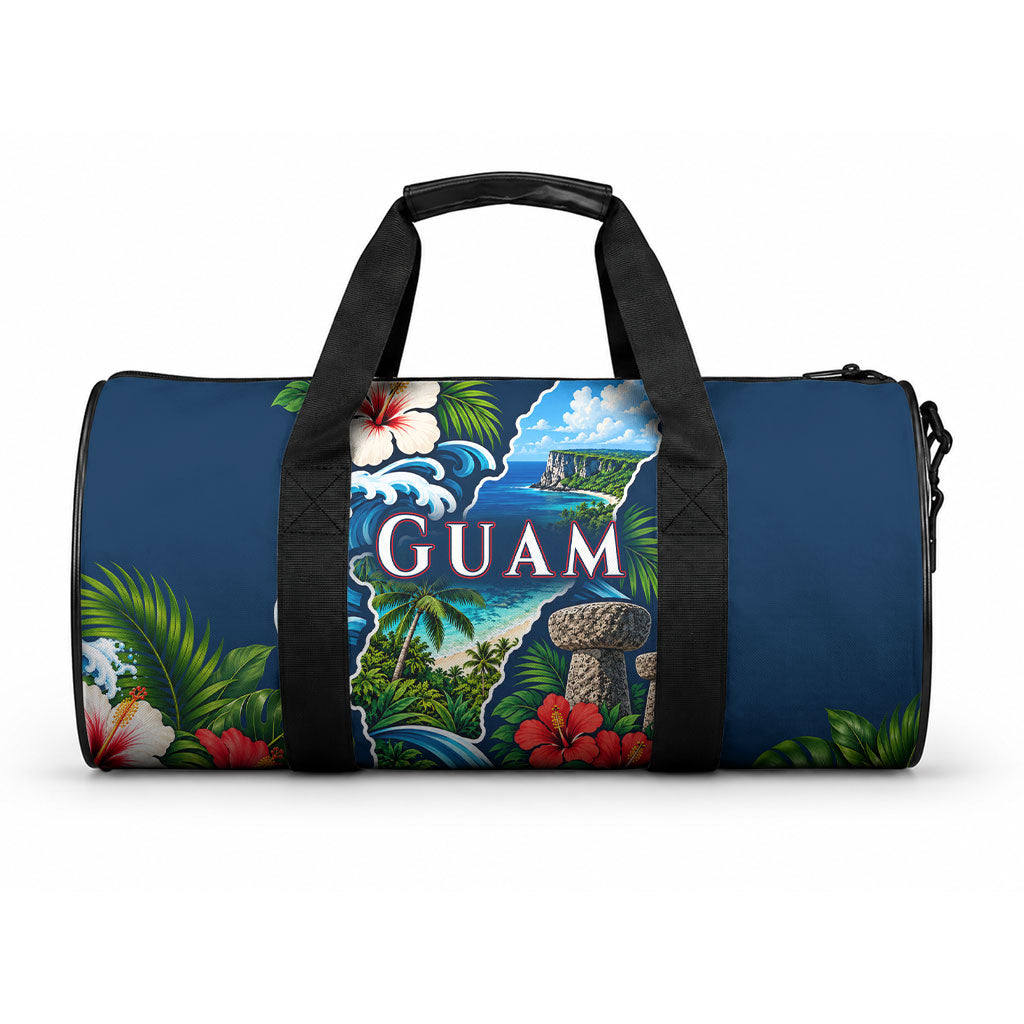 Guam Map Latte Stone Duffle Bag Hibiscus Floral Coastal Landscape TS04 One size Blue Red - Polynesian Pride
