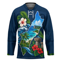 Guam Map Latte Stone Hockey Jersey Hibiscus Floral Coastal Landscape TS04 Unisex Blue Red - Polynesian Pride