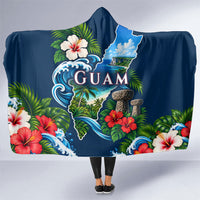 Guam Map Latte Stone Hooded Blanket Hibiscus Floral Coastal Landscape TS04 One Size Blue Red - Polynesian Pride