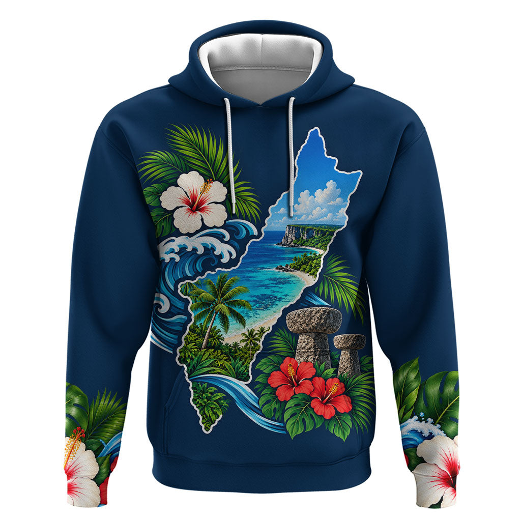 Guam Map Latte Stone Hoodie Hibiscus Floral Coastal Landscape TS04 Pullover Hoodie Blue Red - Polynesian Pride