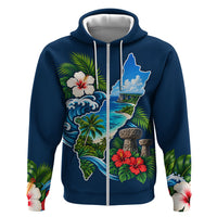 Guam Map Latte Stone Hoodie Hibiscus Floral Coastal Landscape TS04 Zip Hoodie Blue Red - Polynesian Pride