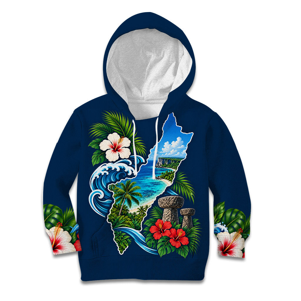 Guam Map Latte Stone Kid Hoodie Hibiscus Floral Coastal Landscape TS04 Hoodie Blue Red - Polynesian Pride