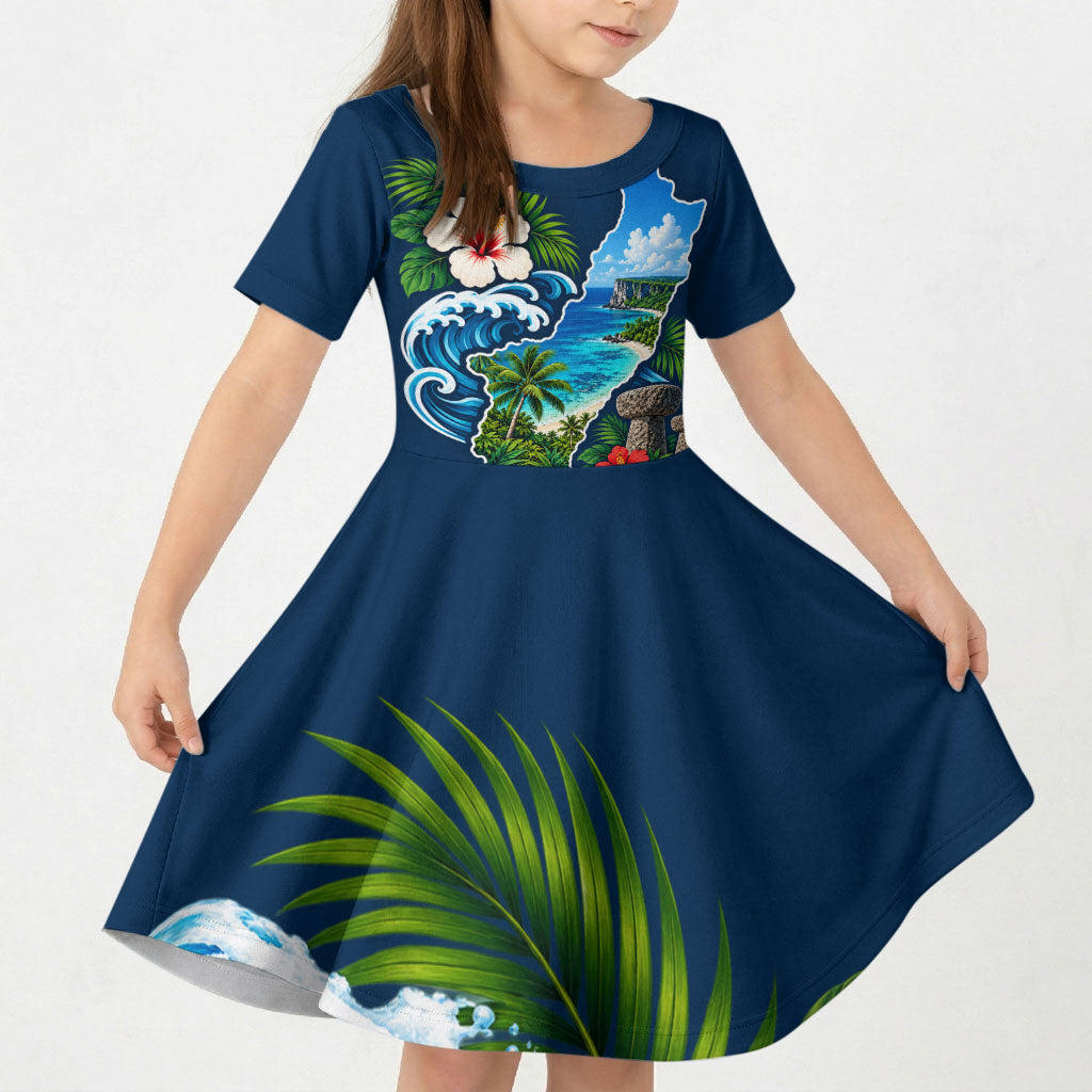 Guam Map Latte Stone Kid Short Sleeve Dress Hibiscus Floral Coastal Landscape TS04 KID Blue Red - Polynesian Pride