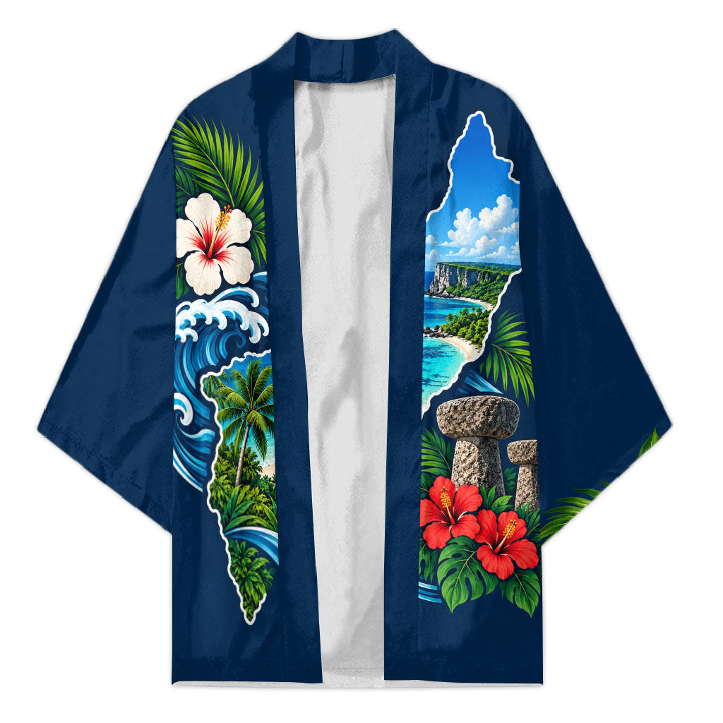 Guam Map Latte Stone Kimono Hibiscus Floral Coastal Landscape TS04 Unisex Blue Red - Polynesian Pride