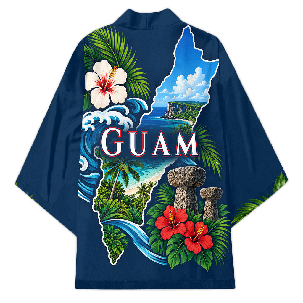 Guam Map Latte Stone Kimono Hibiscus Floral Coastal Landscape TS04 - Polynesian Pride