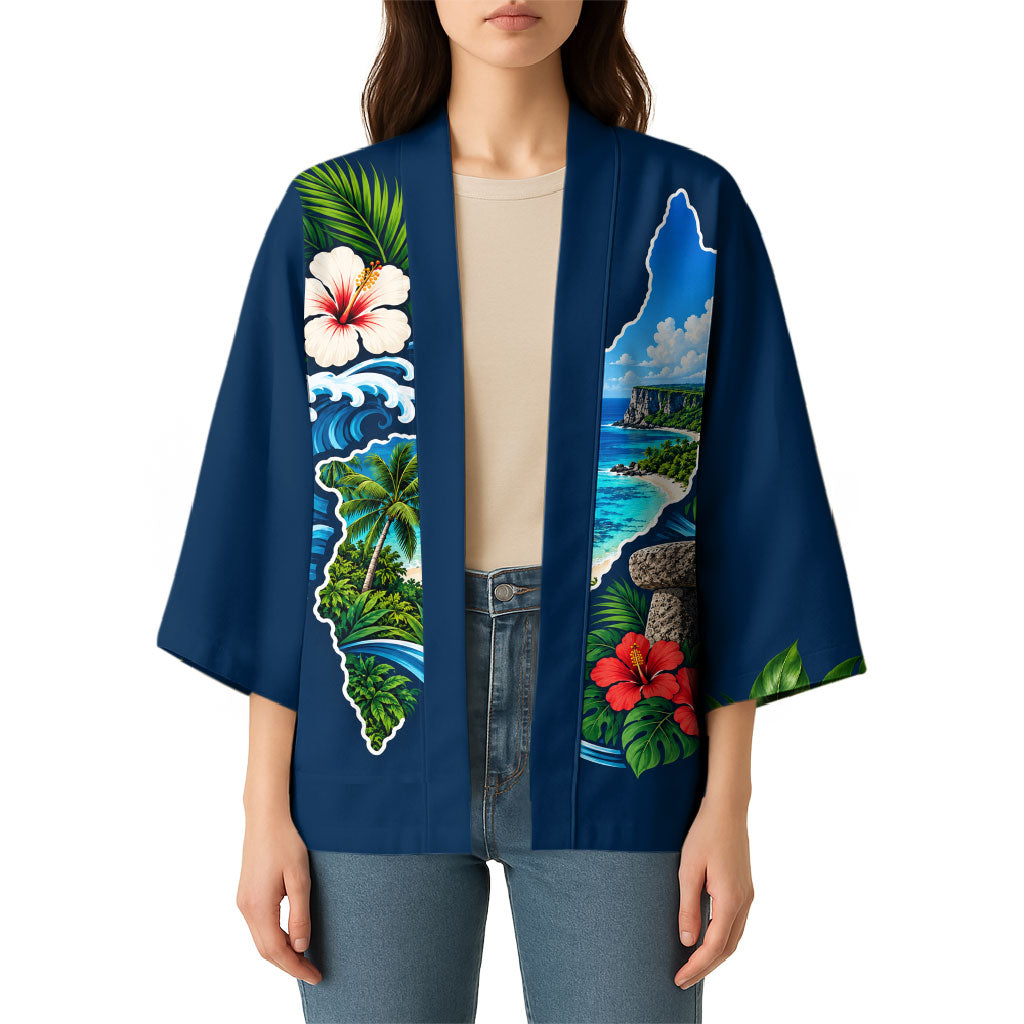 Guam Map Latte Stone Kimono Hibiscus Floral Coastal Landscape TS04 - Polynesian Pride
