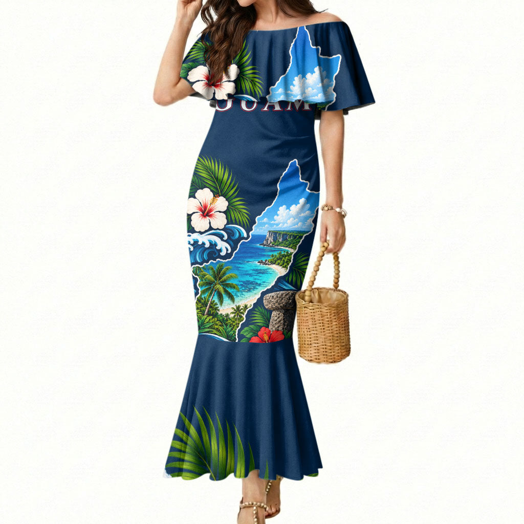Guam Map Latte Stone Mermaid Dress Hibiscus Floral Coastal Landscape TS04 Women Blue Red - Polynesian Pride