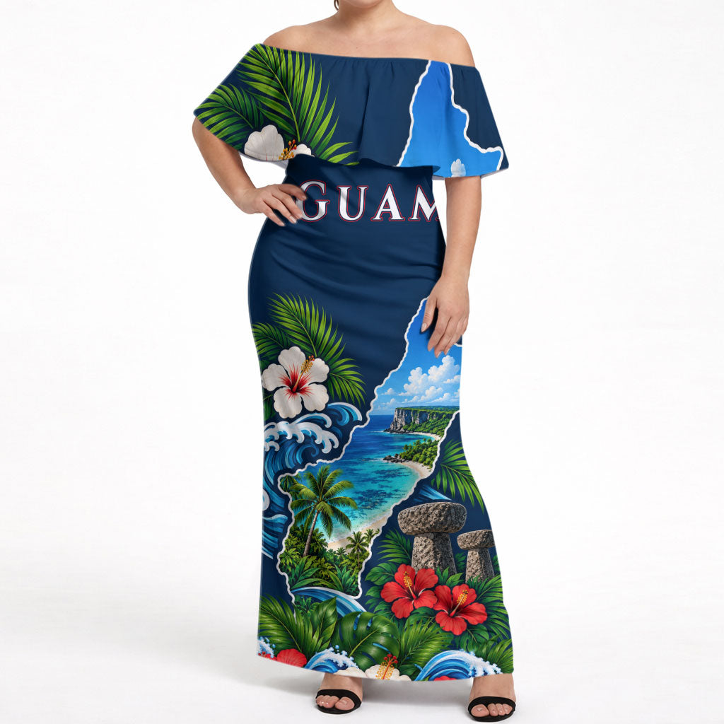 Guam Map Latte Stone Off Shoulder Maxi Dress Hibiscus Floral Coastal Landscape TS04 Women Blue Red - Polynesian Pride