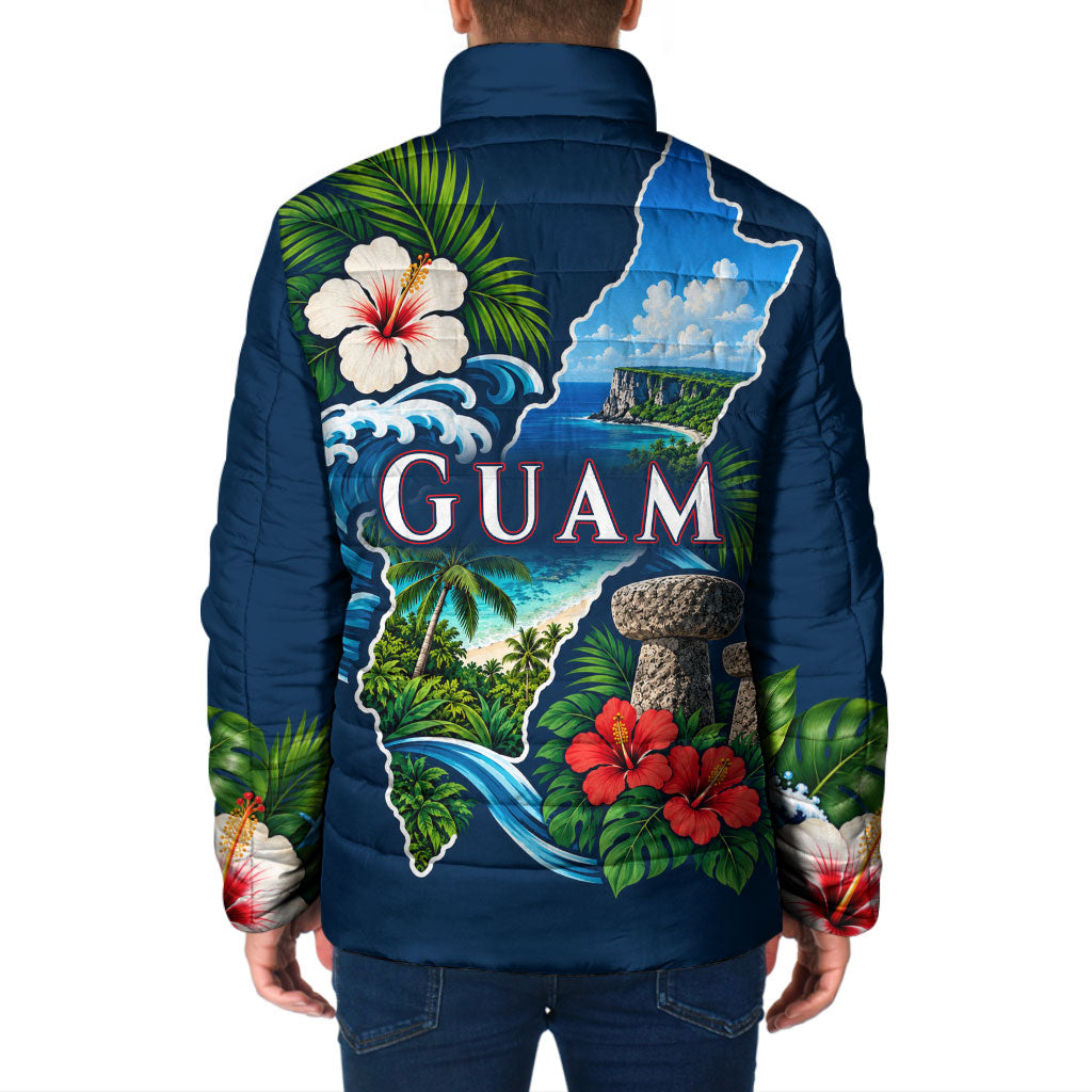 Guam Map Latte Stone Padded Jacket Hibiscus Floral Coastal Landscape TS04 - Polynesian Pride