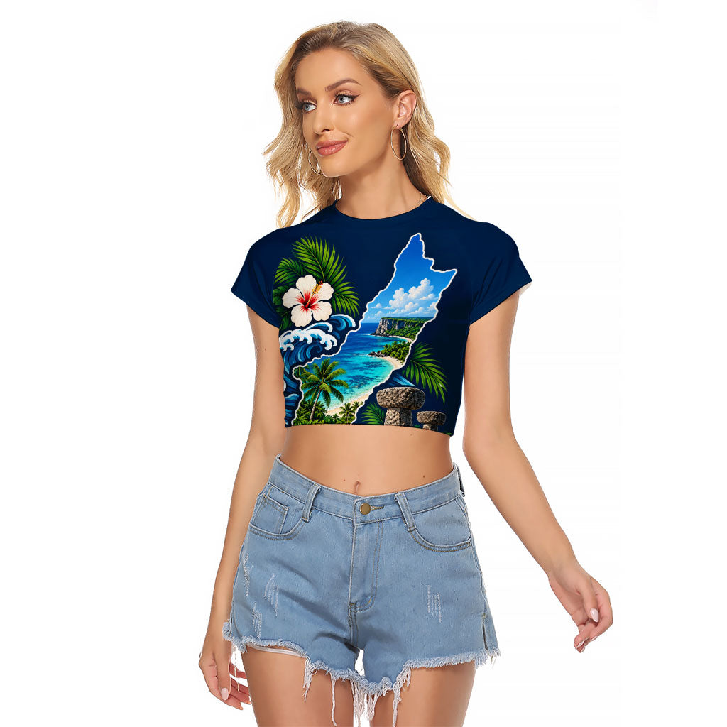 Guam Map Latte Stone Raglan Cropped T Shirt Hibiscus Floral Coastal Landscape TS04 Female Blue Red - Polynesian Pride