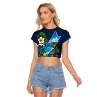 Guam Map Latte Stone Raglan Cropped T Shirt Hibiscus Floral Coastal Landscape TS04 Female Blue Red - Polynesian Pride