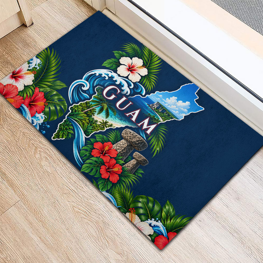 Guam Map Latte Stone Rubber Doormat Hibiscus Floral Coastal Landscape TS04 - Polynesian Pride