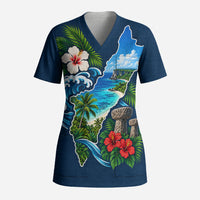 Guam Map Latte Stone Scrub Top Hibiscus Floral Coastal Landscape TS04 Adult Blue Red - Polynesian Pride