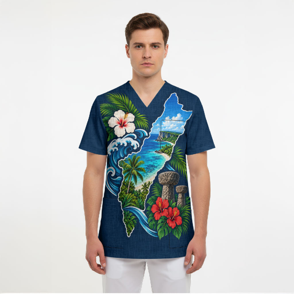 Guam Map Latte Stone Scrub Top Hibiscus Floral Coastal Landscape TS04 - Polynesian Pride