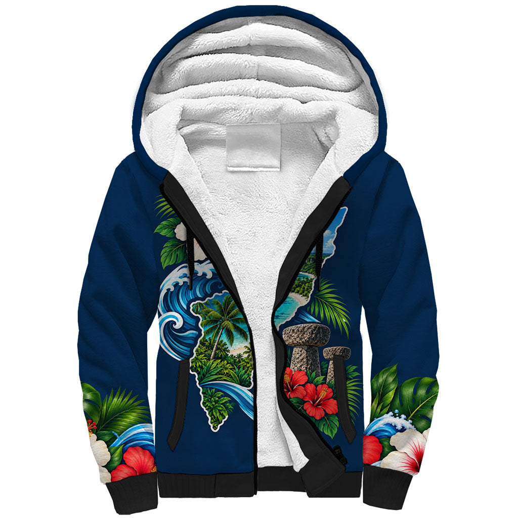 Guam Map Latte Stone Sherpa Hoodie Hibiscus Floral Coastal Landscape