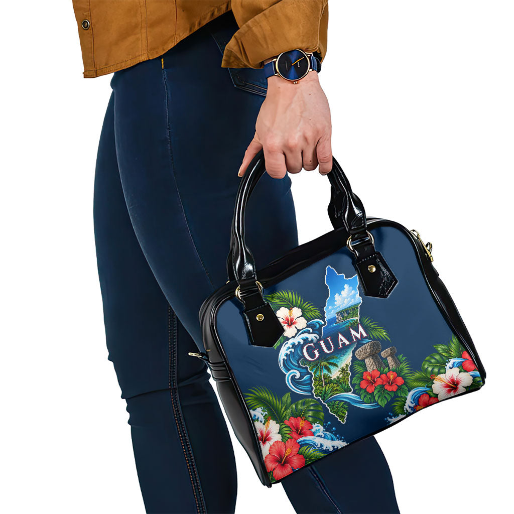 Guam Map Latte Stone Shoulder Handbag Hibiscus Floral Coastal Landscape TS04 - Polynesian Pride