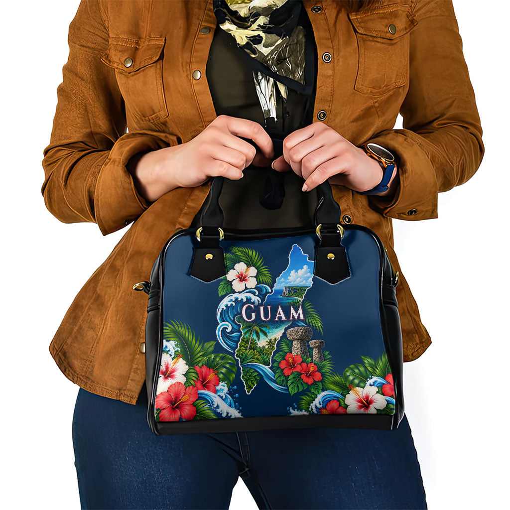 Guam Map Latte Stone Shoulder Handbag Hibiscus Floral Coastal Landscape TS04 - Polynesian Pride