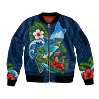 Guam Map Latte Stone Sleeve Zip Bomber Jacket Hibiscus Floral Coastal Landscape TS04 Unisex Blue Red - Polynesian Pride