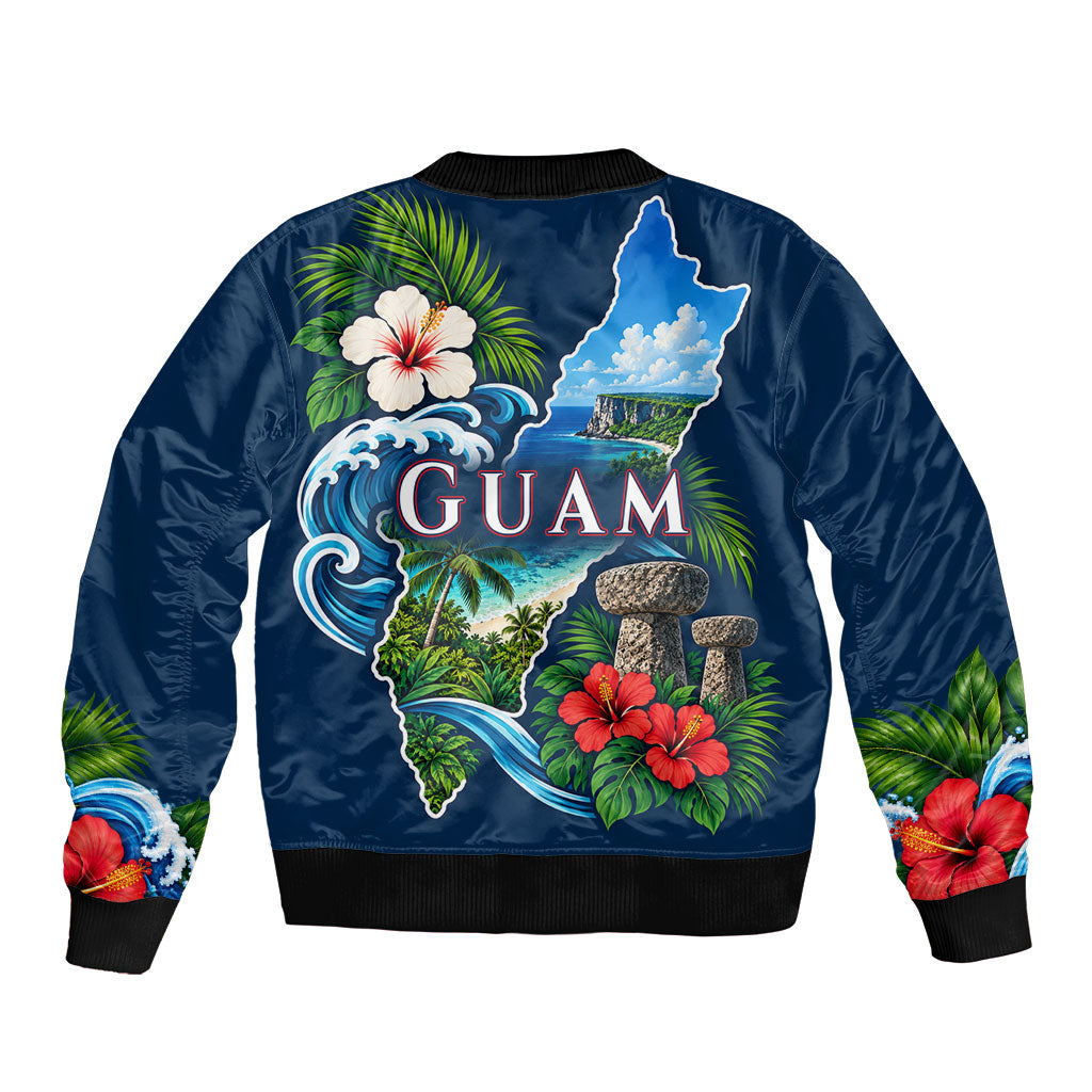 Guam Map Latte Stone Sleeve Zip Bomber Jacket Hibiscus Floral Coastal Landscape TS04 - Polynesian Pride