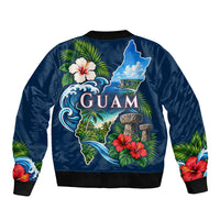 Guam Map Latte Stone Sleeve Zip Bomber Jacket Hibiscus Floral Coastal Landscape TS04 - Polynesian Pride