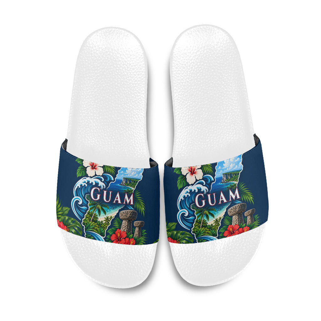 Guam Map Latte Stone Slide Sandals Hibiscus Floral Coastal Landscape TS04 Blue Red - Polynesian Pride