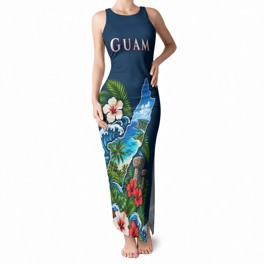 Guam Map Latte Stone Tank Maxi Dress Hibiscus Floral Coastal Landscape TS04 Women Blue Red - Polynesian Pride
