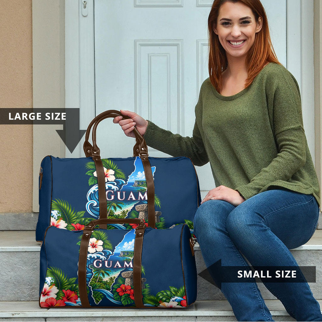 Guam Map Latte Stone Travel Bag Hibiscus Floral Coastal Landscape TS04 - Polynesian Pride