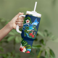 Guam Map Latte Stone Tumbler With Handle Hibiscus Floral Coastal Landscape TS04 - Polynesian Pride