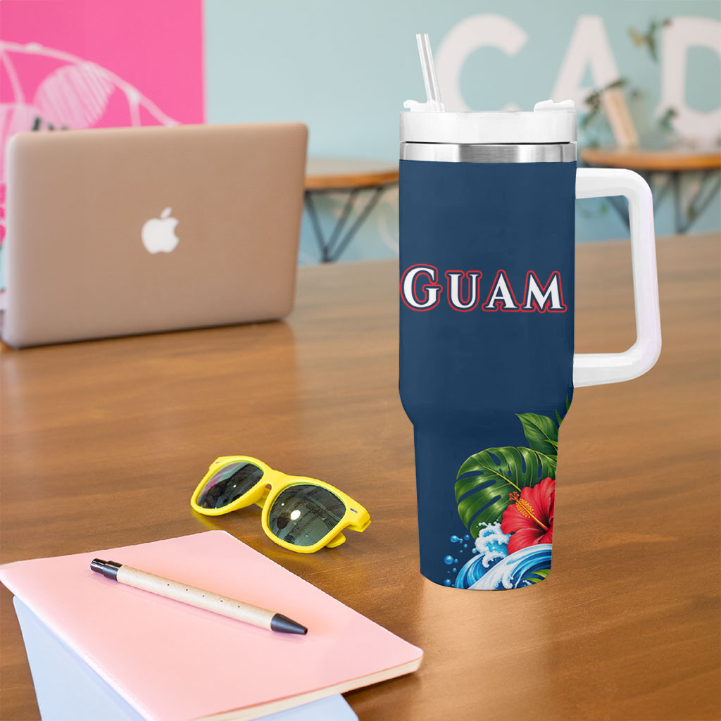 Guam Map Latte Stone Tumbler With Handle Hibiscus Floral Coastal Landscape TS04 - Polynesian Pride