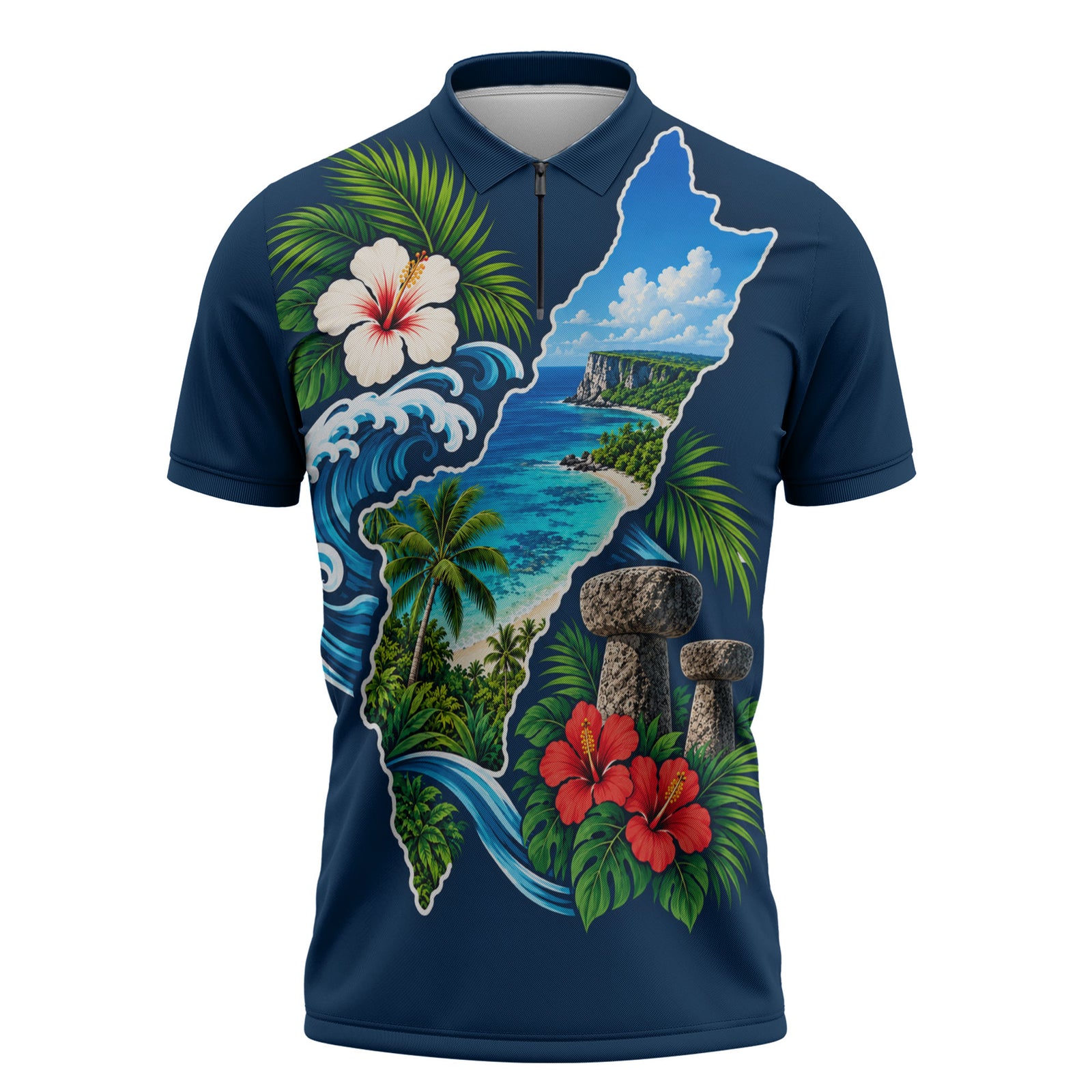 Guam Map Latte Stone Zipper Polo Shirt Hibiscus Floral Coastal Landscape TS04 Blue Red - Polynesian Pride