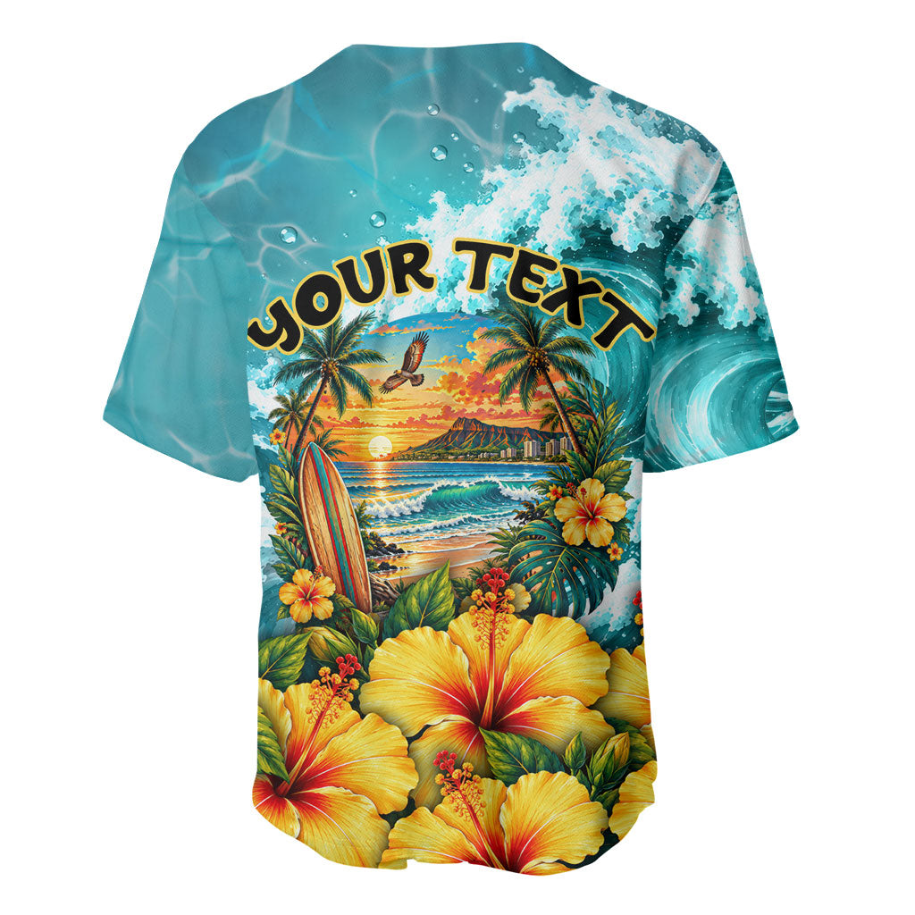Personalized Hawaii 60th Birthday Eagle Baseball Jersey Tropical Sunset Beach Hibiscus Ocean Wave