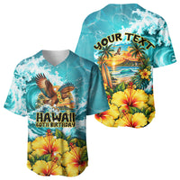 Personalized Hawaii 60th Birthday Eagle Baseball Jersey Tropical Sunset Beach Hibiscus Ocean Wave