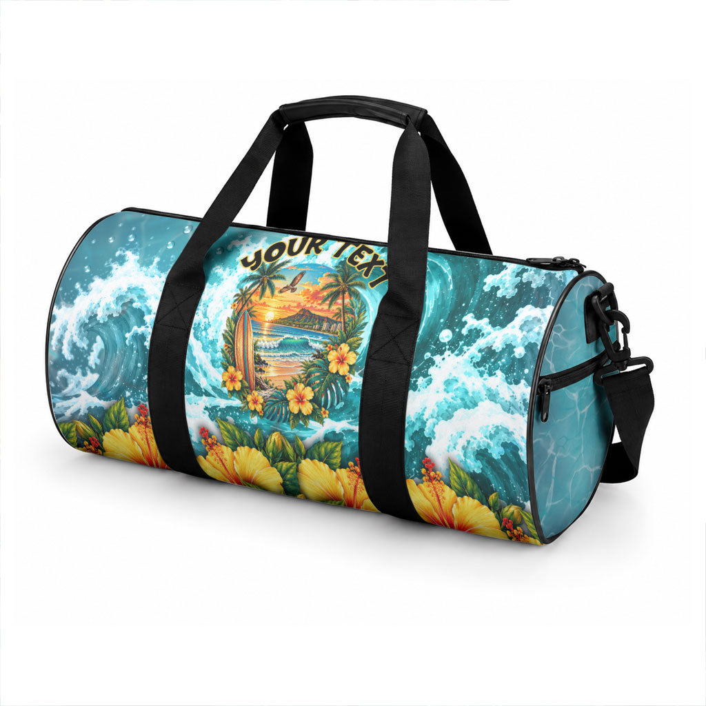 Personalized Hawaii 60th Birthday Eagle Duffle Bag Tropical Sunset Beach Hibiscus Ocean Wave