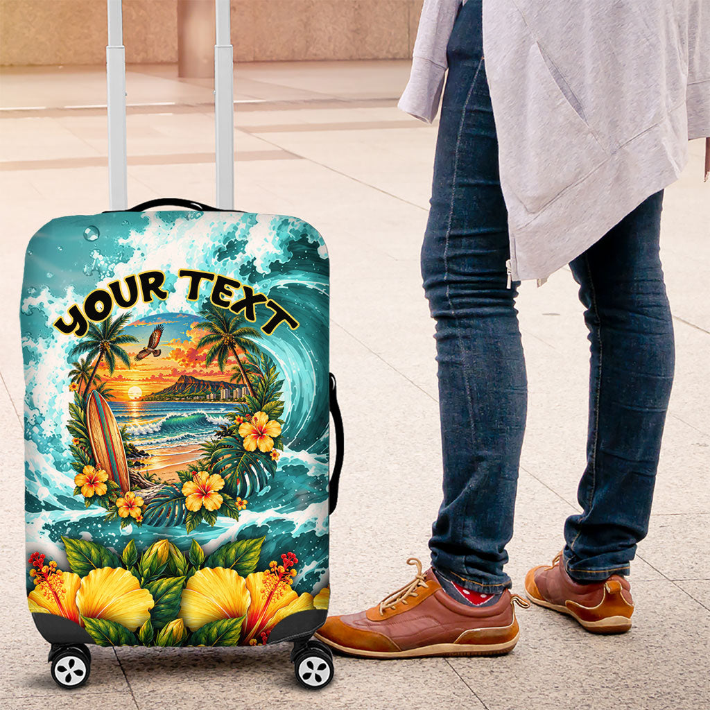 Personalized Hawaii 60th Birthday Eagle Luggage Cover Tropical Sunset Beach Hibiscus Ocean Wave TS04 Blue Yellow - Polynesian Pride