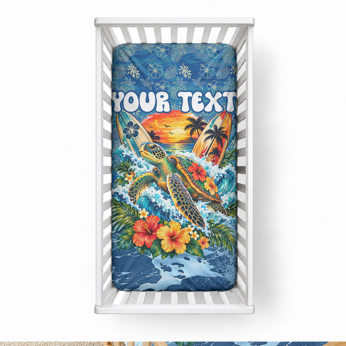 Personalized Hawaii 60th Birthday Sea Turtle Baby Bed Cover Tropical Ocean Wave Floral Surfboard