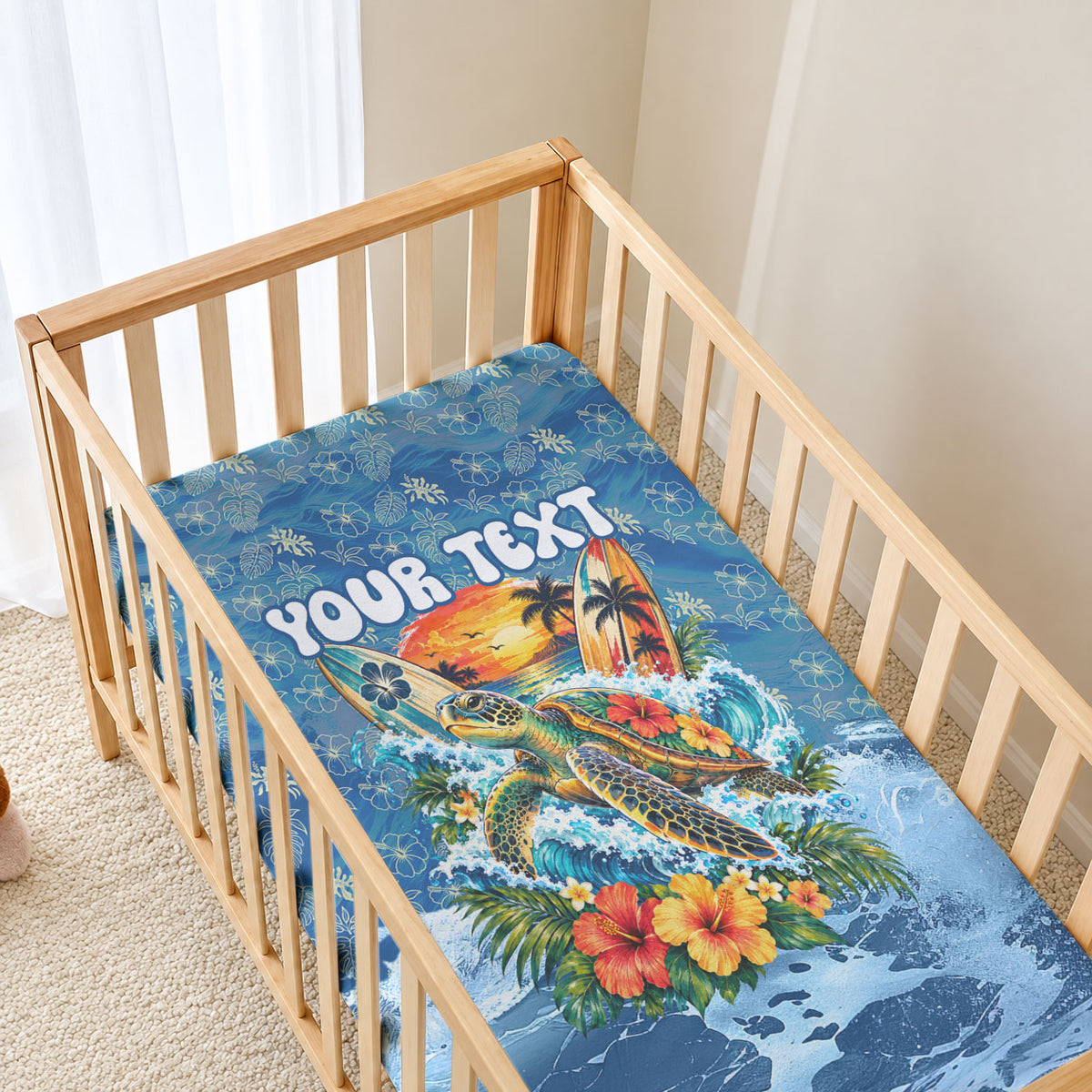 Personalized Hawaii 60th Birthday Sea Turtle Baby Bed Cover Tropical Ocean Wave Floral Surfboard