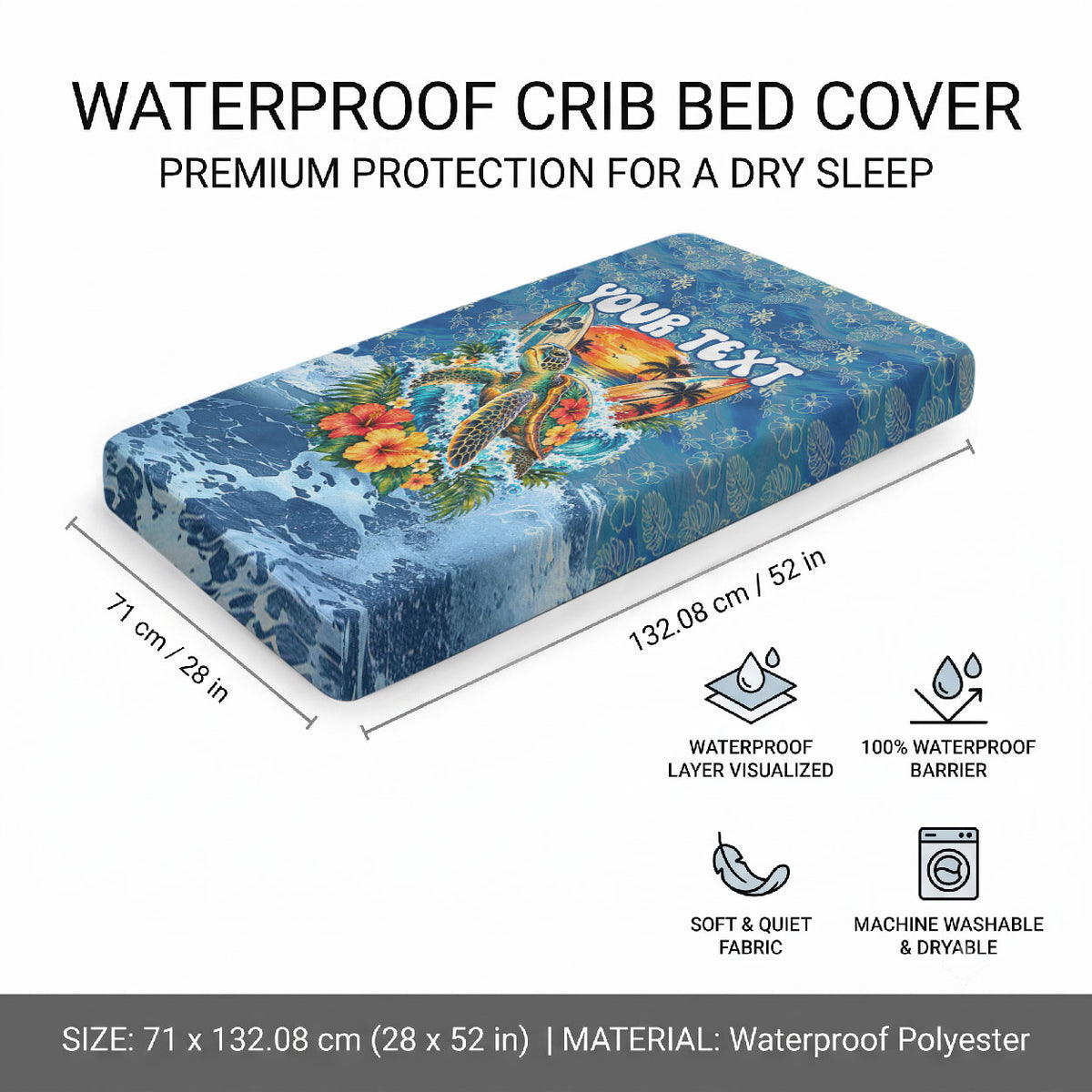 Personalized Hawaii 60th Birthday Sea Turtle Baby Bed Cover Tropical Ocean Wave Floral Surfboard