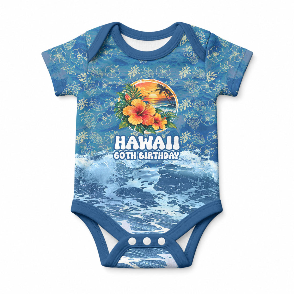 Personalized Hawaii 60th Birthday Sea Turtle Baby Onesie Tropical Ocean Wave Floral Surfboard