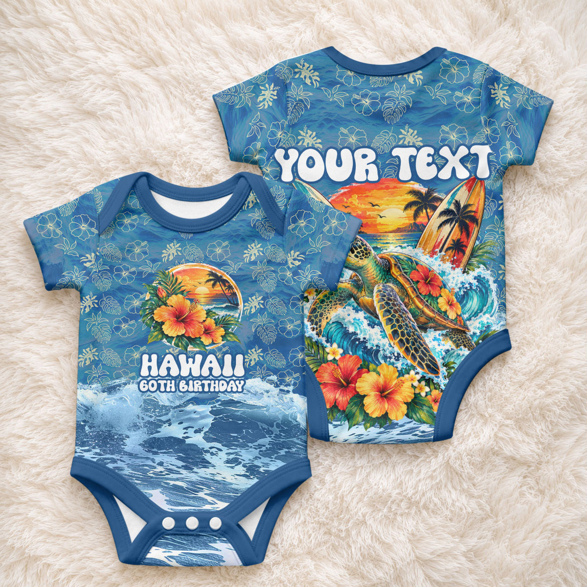 Personalized Hawaii 60th Birthday Sea Turtle Baby Onesie Tropical Ocean Wave Floral Surfboard