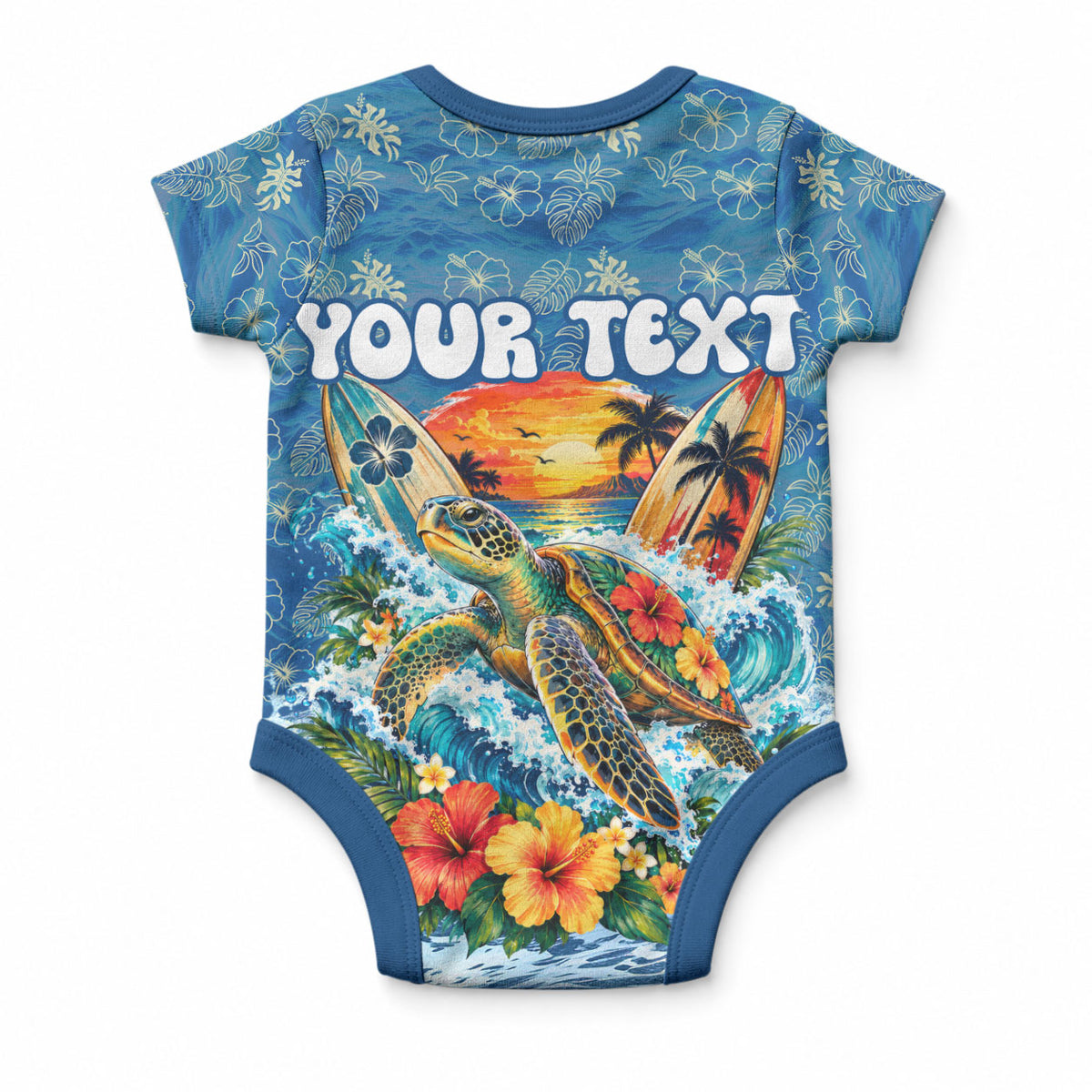 Personalized Hawaii 60th Birthday Sea Turtle Baby Onesie Tropical Ocean Wave Floral Surfboard