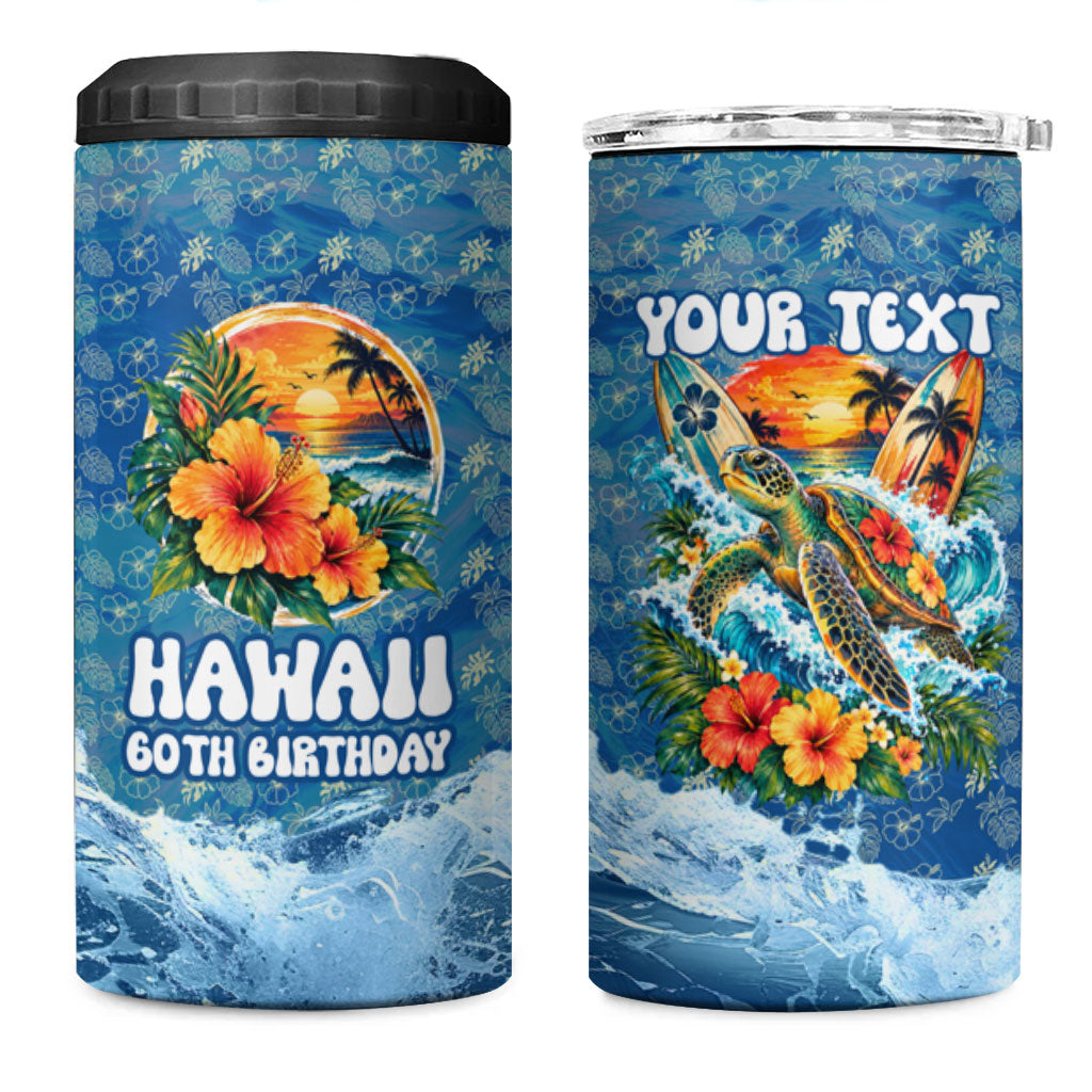 Personalized Hawaii 60th Birthday Sea Turtle 4 in 1 Can Cooler Tumbler Tropical Ocean Wave Floral Surfboard TS04 One Size: 16 oz Blue Yellow - Polynesian Pride